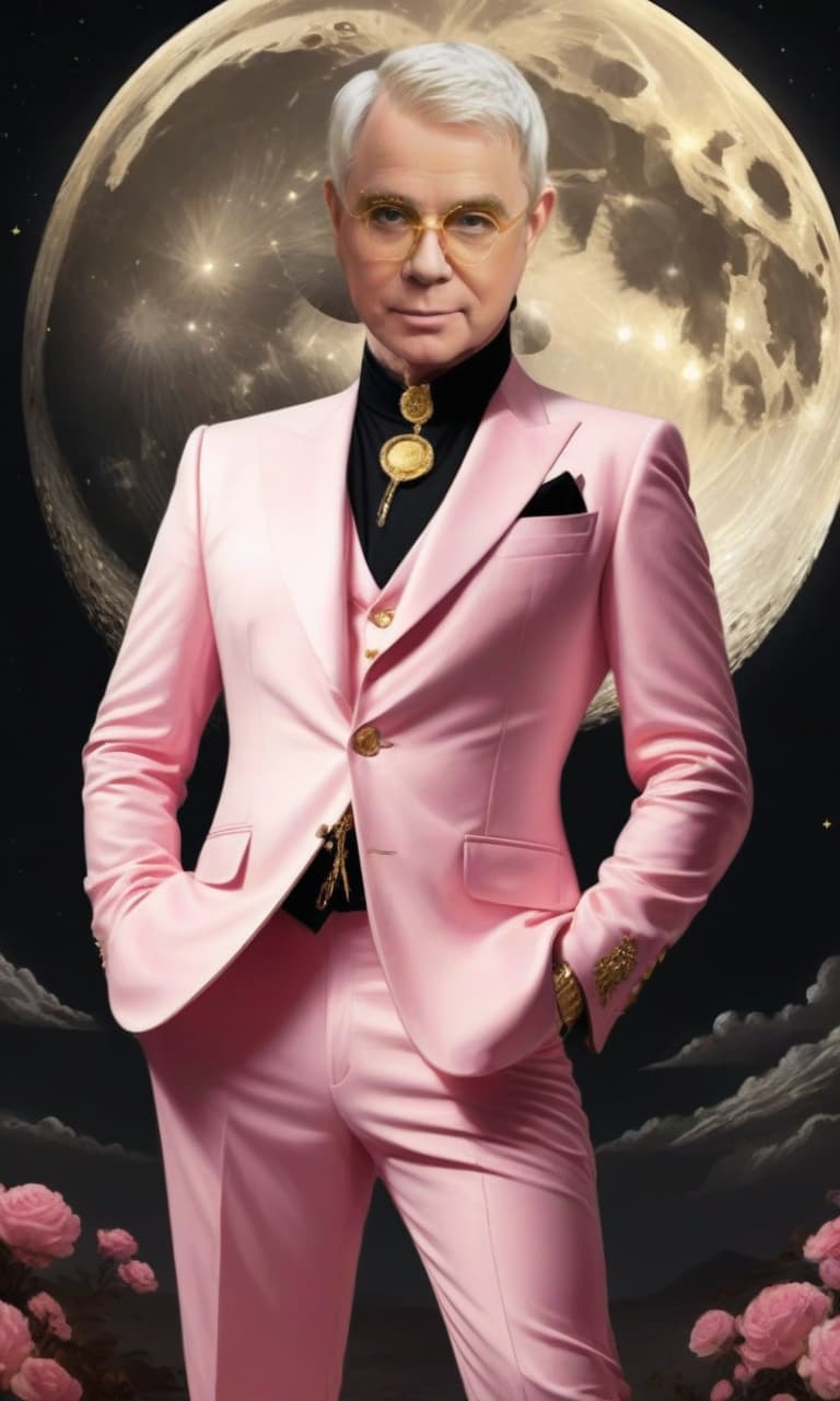  concept art pink, gold, black, white amid the huge golden moon of young elton john . digital artwork, illustrative, painterly, matte painting, highly detailed, perfect hands