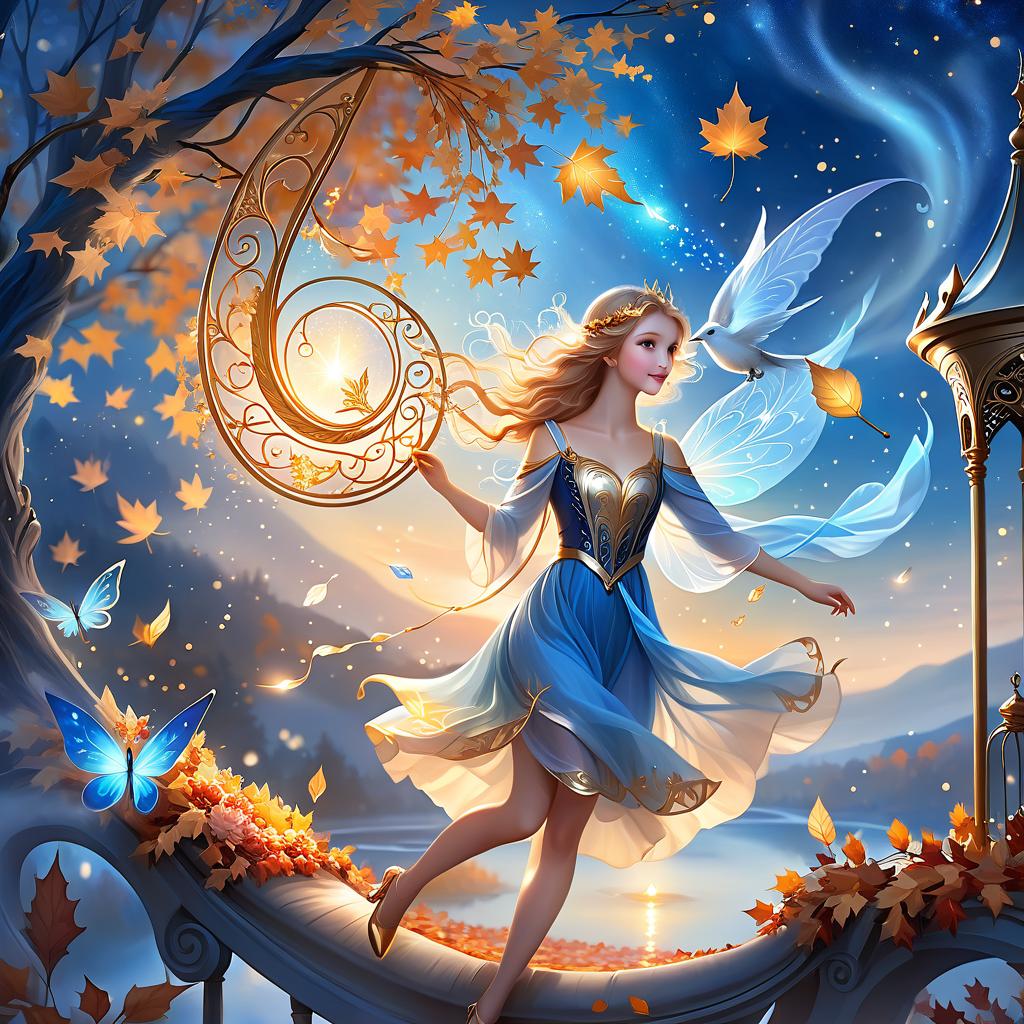  ethereal fantasy concept art of the blue evening is melting my love is with you let it be a dream sleep sticks to your eyelashes. sometimes of autumn leaves, with the goodness of pure dates, the wind will blow and you'll be touched a dream with christmas cheer and a child's merry go round let the dream take you away. (style):fantasy, fairy tale, dream, magic, flight. (colours):white, soft blue, navy blue, gold, rose gold, bluish silver. . magnificent, celestial, ethereal, painterly, epic, majestic, magical, fantasy art, cover art, dreamy