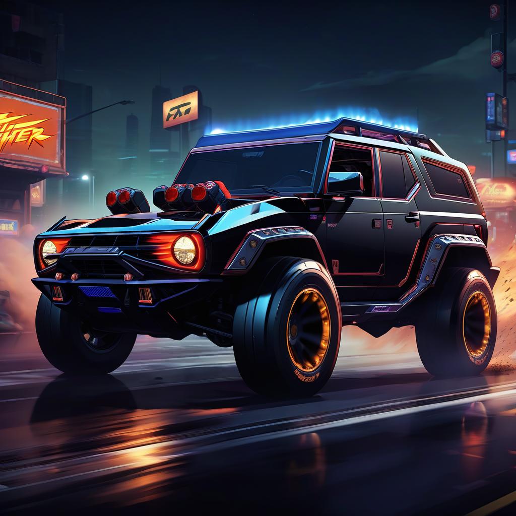  street fighter style black, brutal lamborghini ford bronco at night on the highway . vibrant, dynamic, arcade, 2d fighting game, highly detailed, reminiscent of street fighter series