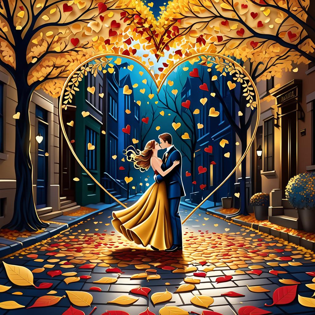  luxury product style on a carpet of yellow leaves in a simple dress of wind given crepe autumn danced a waltz boston in an alleyway. the warm day flew away and the saxophone sang hoarsely. (background of the card): falling autumn leaves, a whirlwind of autumn leaves, wind saxophone, a box of chocolates, the inscription "autumn waltz", a greeting card. (heart), a beautiful figure made of contours in the shape of a heart. (heart colour): night sky background, stars, gold pattern. (style):fantasy, autumn art, autumn romance. (colours):gold, green gold, navy blue, red, red gold, brown gold, silver, golden blue, bluish blue, dark blue on gold . elegant, sophisticated, high end, luxurious, professional, highly detailed