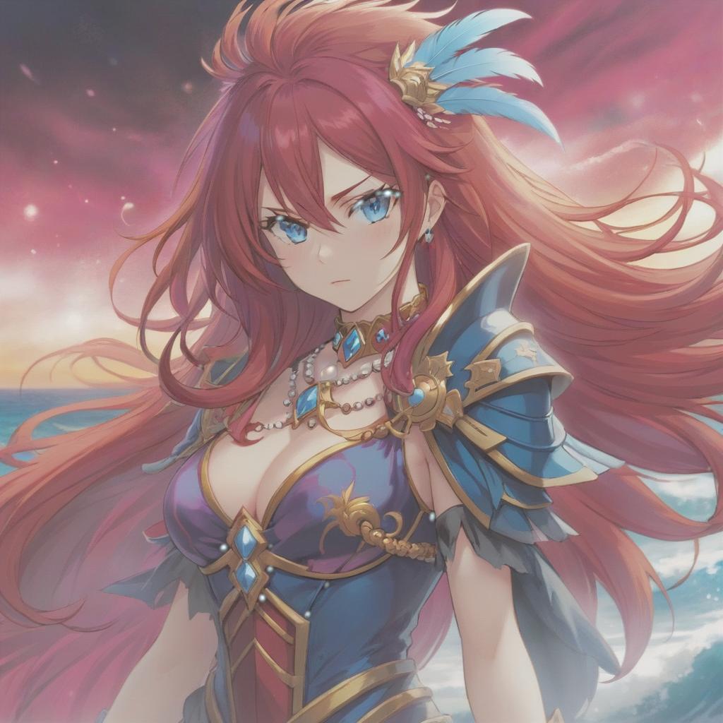  long exposure photo of portrait of strong rage valcyria lancer. blue eye. long red hair. tilting head down, magenta mantle, shoulder pad feather, accessory necklace with pearls on the forehead, by the sea . blurred motion, streaks of light, surreal, dreamy, ghosting effect, highly detailed, sticker, hkmagic