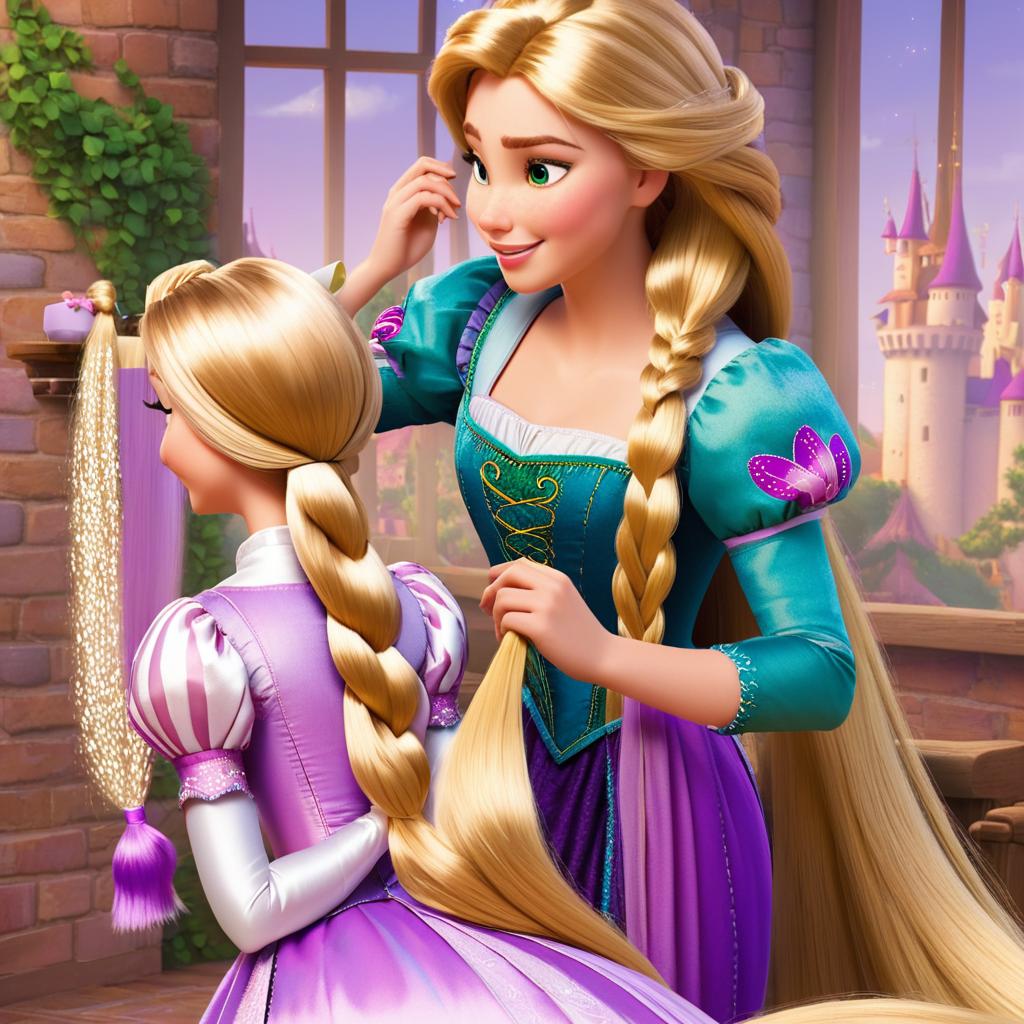  rapunzel getting her hair brushed by another rapunzel