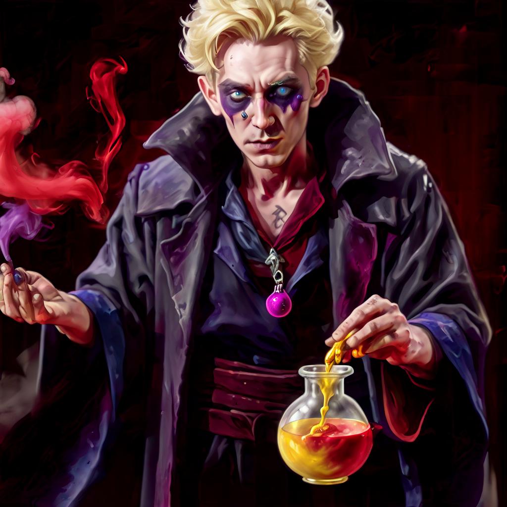  the guy's eyes are gray blue, hair is blond, stands in a gray robe of a magician, rainbow potions on his belt, a bunch of f 1 grenades is thrown over his shoulder, in his hands he holds a potion of purple color inside which an eyeball floats and looks at the screen. there's an alchemical stand in the background, and there's a cauldron of red smoke coming out. his face is oval, his eye in the potion is yellow with a vertical pupil, his facial expression is pensive and his eyes look at the potion., hkmagic