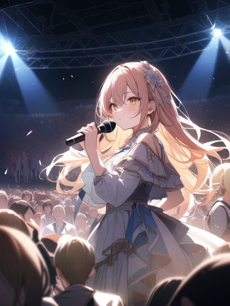  singing on the stage, a lot of spectators around, one is yellow hair, one is light blue hair, one is pink hair, three person idol, stage, masterpiece, best quality,8k,ultra detailed,high resolution,an extremely delicate and beautiful,hyper detail