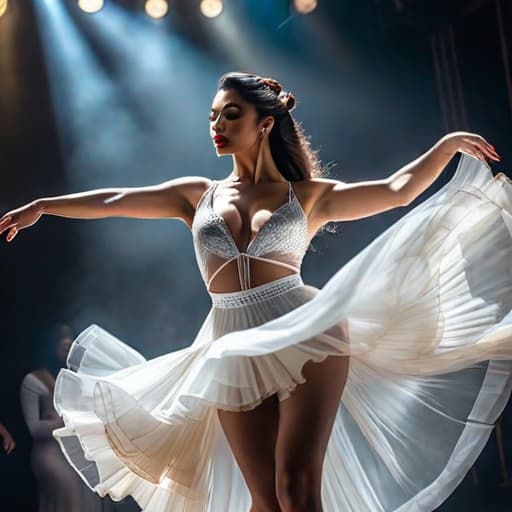  girl dancing hyperrealistic, full body, detailed clothing, highly detailed, cinematic lighting, stunningly beautiful, intricate, sharp focus, f/1. 8, 85mm, (centered image composition), (professionally color graded), ((bright soft diffused light)), volumetric fog, trending on instagram, trending on tumblr, HDR 4K, 8K