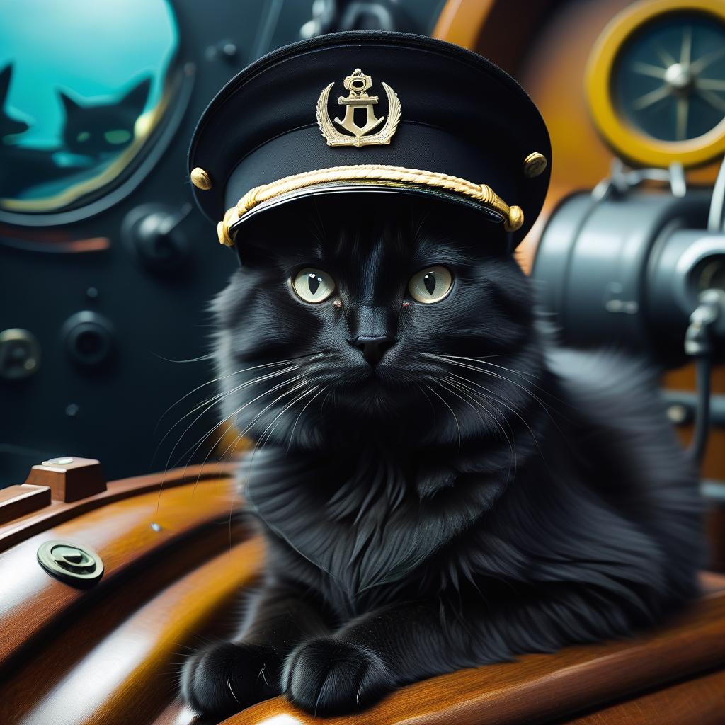  a furry black cat in a captain's cap in a submarine