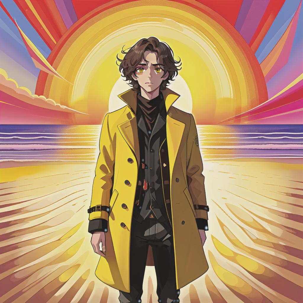  psychedelic style a young man stands on a beach where the soft sand extends to the horizon. he has long dark brown hair, which flies slightly in the breeze. his face, with pronounced jewish and slavic features, radiates lively energy. brown eyes are full of deep emotions, as if reflecting the vast expanses of the ocean. he wears a bright yellow coat that seems to shine, catching the eye and contrasting with the soft shades of the sunset. under his coat he wears a black shirt and black pants are decorated with yellow elements, creating a stylish and dynamic look. the sunset rays fall on the terrain in bright red stripes contrasting with the night. . vibrant colors, swirling patterns, abstract forms, surreal, trippy