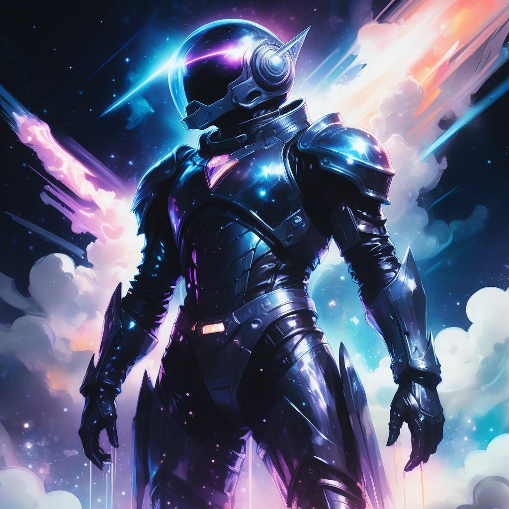  (ink sketch:1.2), (art by style of ross tran:1.4), space knight male in black spacesuit armor standing next to spaceship, traditional media, watercolor, fantasy illustration, soft colors, final fantasy, the knight of star, beautiful mysterious clouds, in a magical world, illuminated by a silvery glow. on a dark background of complex texture: stars, silver dust, abstract electric sparks, neon flashes and mystical glow. high contrast of the drawing and background. surrealism, fantasy with elements of modernity. high detail, high quality, 8k