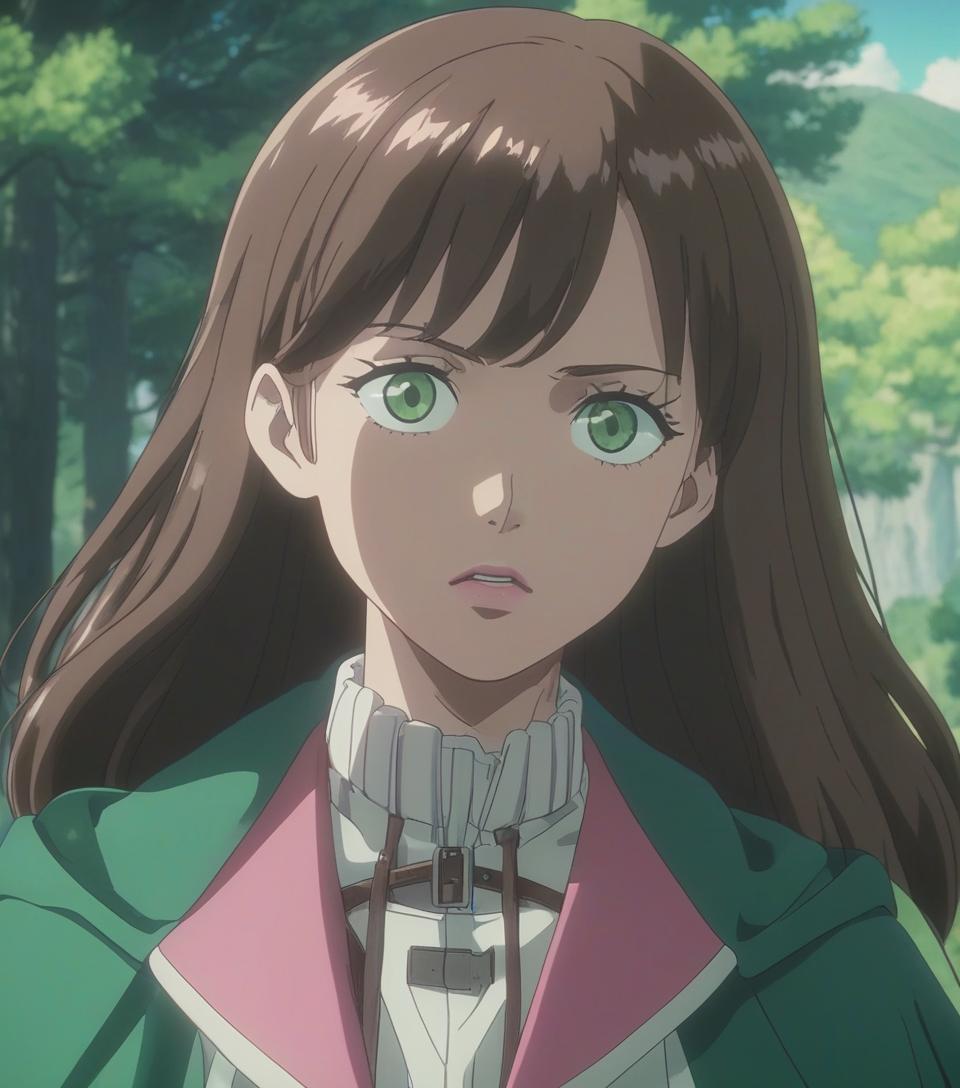  attack on titan screencap of a female with medium length brown wavy hair with bangs, dark blue eyes, light skin , round long oval face , pink lips . scenery is beautiful. she is wearing a green cloak. wit studios season 3 screencap.