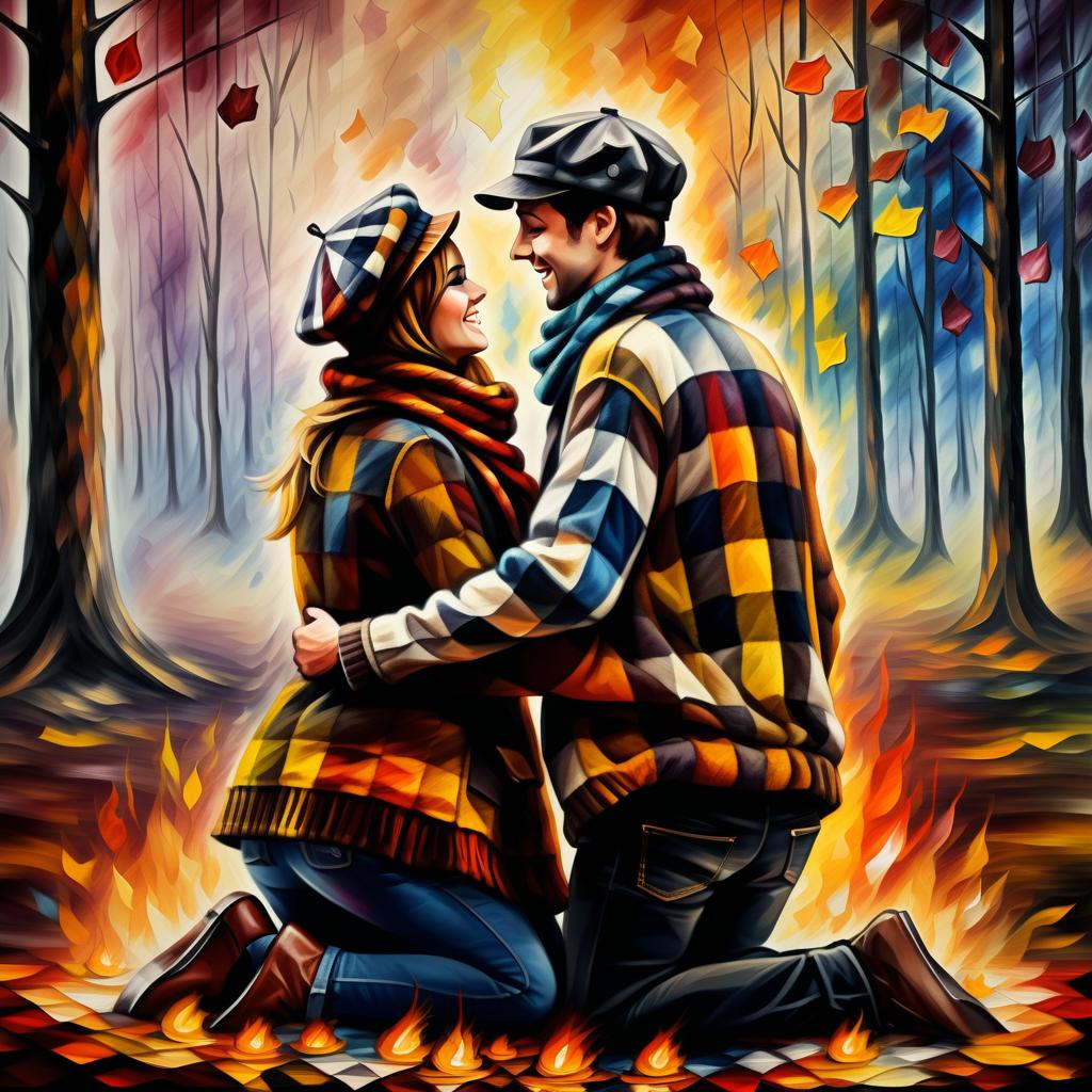  (style of leonid afremov:1.5), two young people in love, checkered scarves, checkered berets, sit in front of a fire in an autumn forest, holding hands, epic realism, anime features, dark fantasy, abstract horror, desaturated color palette, gothic and renaissance aesthetic, (happy smiles:1.4 ),