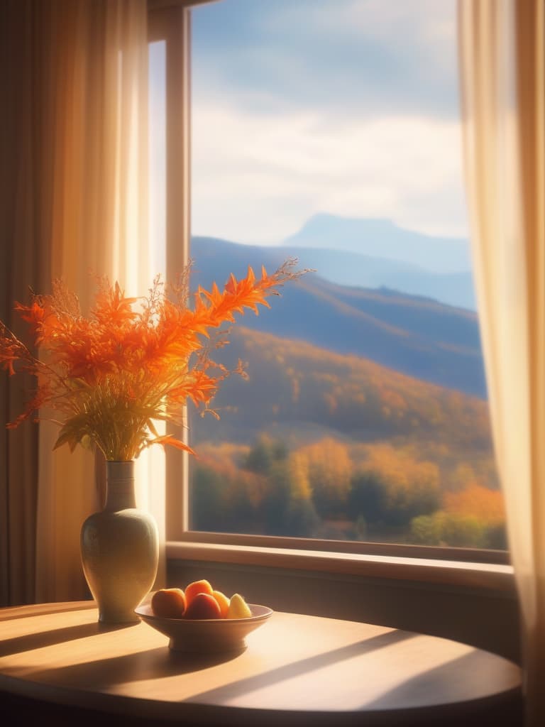  room,vase on table,lilium lancifolium in vase,open window,swaying curtains,view out window / mountain range in distance,autumn leaves/,background blur effect,8k,high res,absurd,employed,