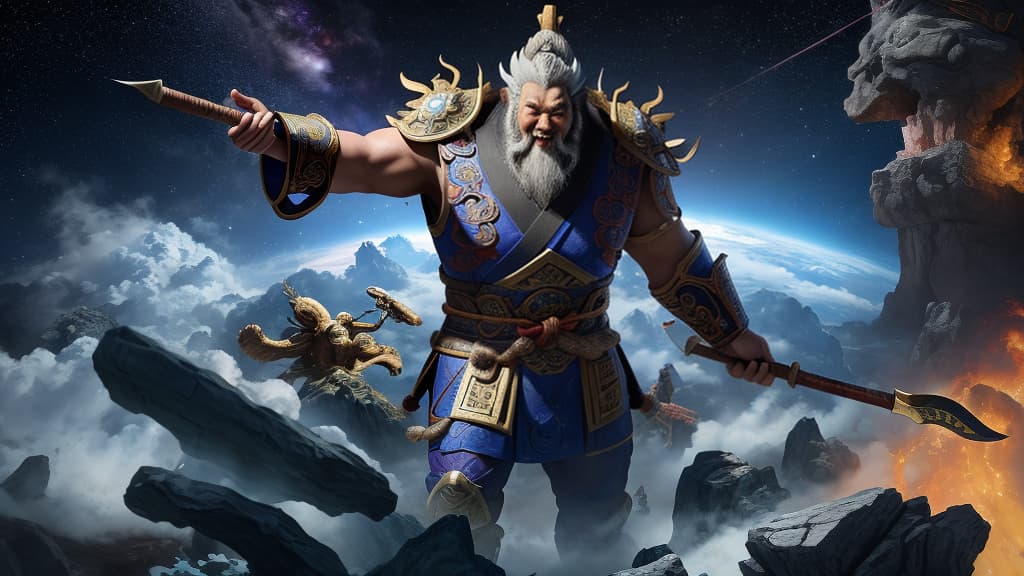  masterpiece, best quality, Chinese Myth Pangu created heaven and earth, an ancient Chinese giant, raised a big axe with his hand, made a chopping action, split the chaotic universe in half in space,cg realistic style, rendering real, Unreal Engine, realistic, movie quality. Amazing details