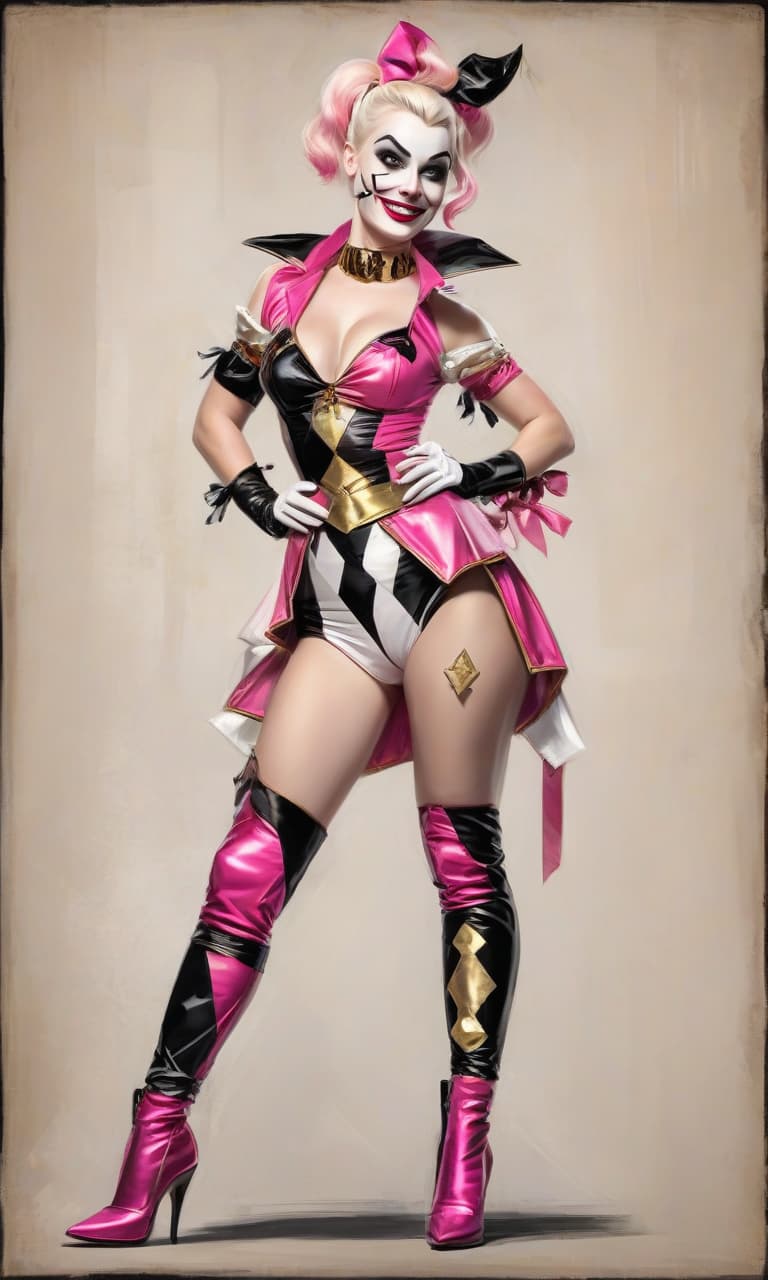  concept art pink, gold, black, white circus margot robbins to the waist in the form of harley quinn costume . digital artwork, illustrative, painterly, matte painting, highly detailed, perfect hands