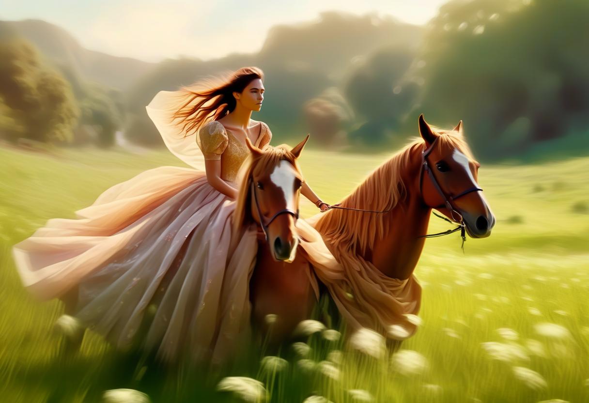  concept art a girl rides a horse in a lush dress across the field . digital artwork, illustrative, painterly, matte painting, highly detailed, perfecteyes, perfect hands, oil painting