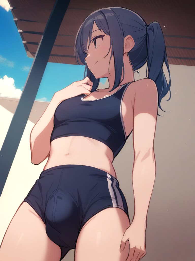  women's elementary students (male), twin tails, cute smiles, (rich s), low stature, dark blue swimwear, old swimwear, , simple, (upward), upward, (bulge), front, whole body, pool side ,,,