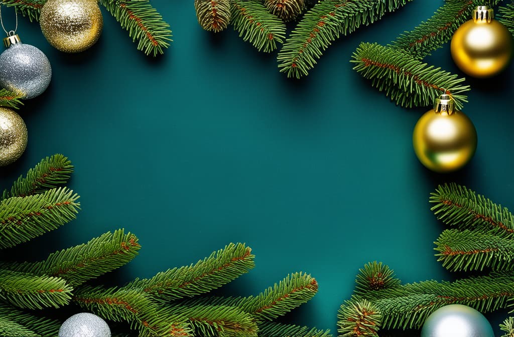  professional detailed photography, new year vertical dark turquoise background with gold and silver balls on fir branches with space for text ar 3:2, (muted colors, dim colors, soothing tones), (vsco:0.3)