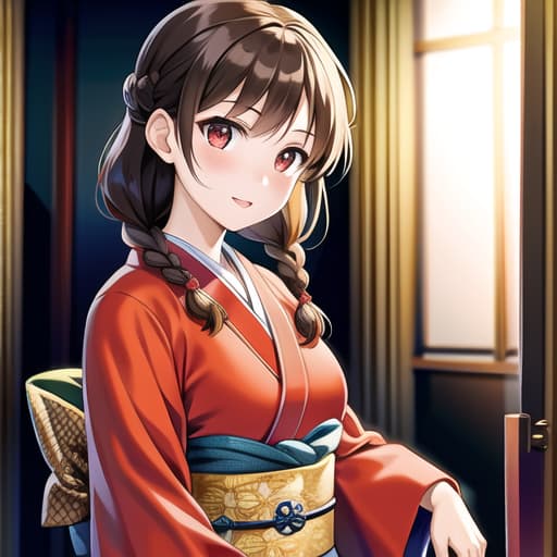  master piece , best quality,fragile girl, kimono, brown hair, red eyes, braids