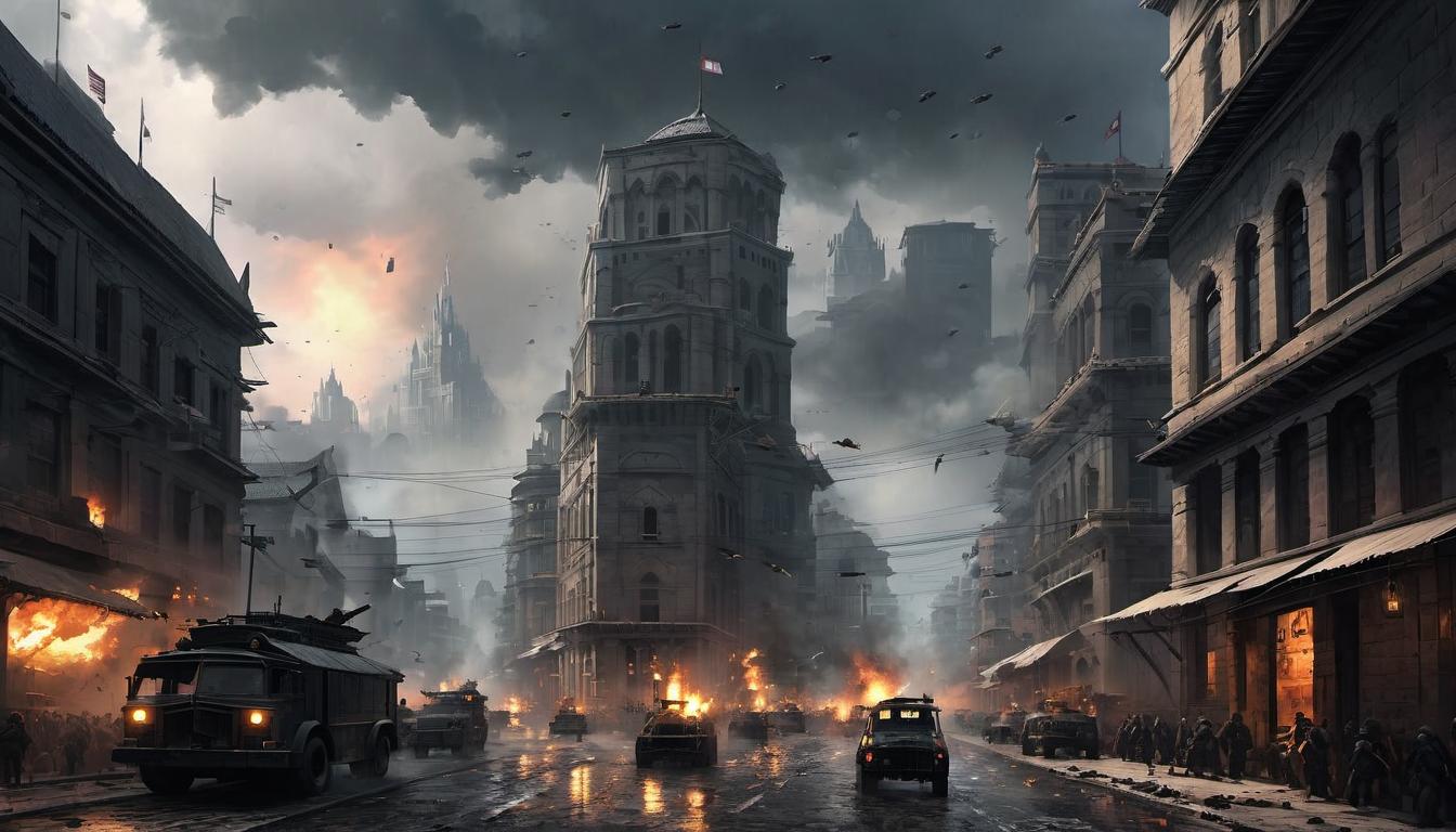  digital painting of a city under attack, swords clashing, scarcity depicted with empty markets, looming pestilence through visual cues like dark clouds and swarms, pervasive sense of dread looking at viewer, dynamic pose, (intricate details, masterpiece, best quality)