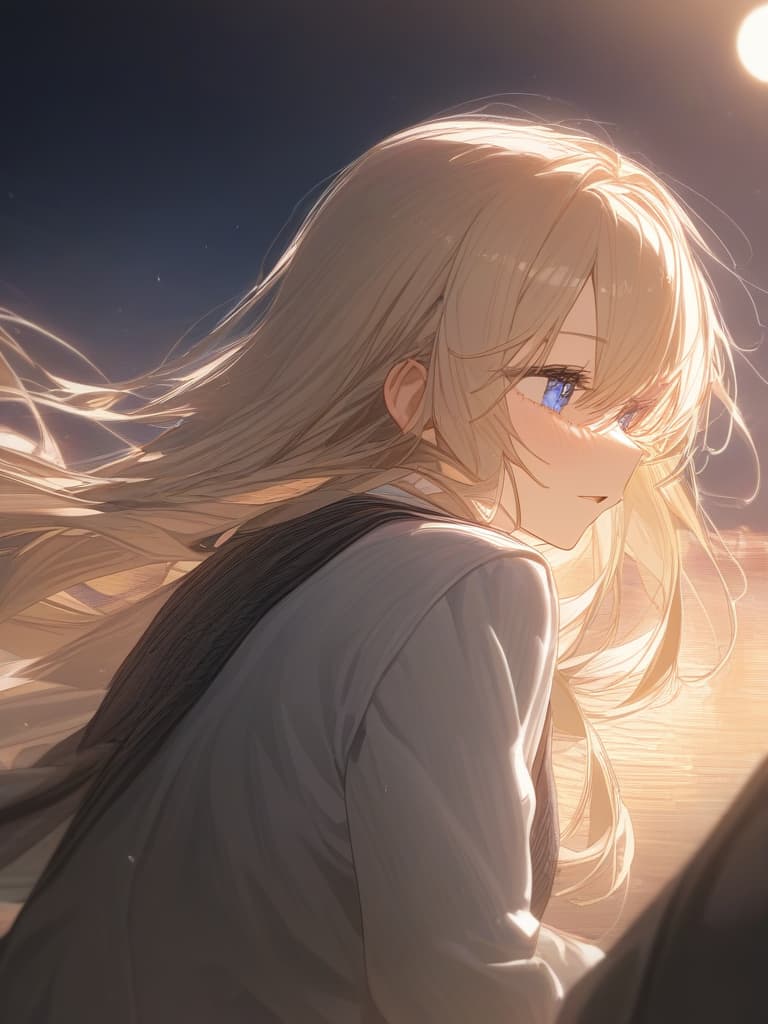  blond, blue eyes, moon watching, masterpiece, best quality,8k,ultra detailed,high resolution,an extremely delicate and beautiful,hyper detail