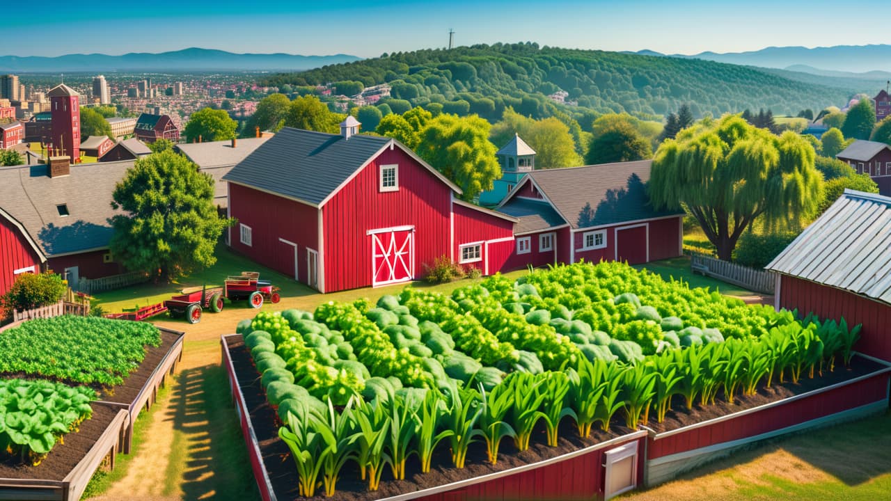  a split scene: one side shows a sprawling rural homestead with a red barn, vegetable garden, and livestock; the other side features an urban rooftop garden, potted plants, and a city skyline in the background. hyperrealistic, full body, detailed clothing, highly detailed, cinematic lighting, stunningly beautiful, intricate, sharp focus, f/1. 8, 85mm, (centered image composition), (professionally color graded), ((bright soft diffused light)), volumetric fog, trending on instagram, trending on tumblr, HDR 4K, 8K