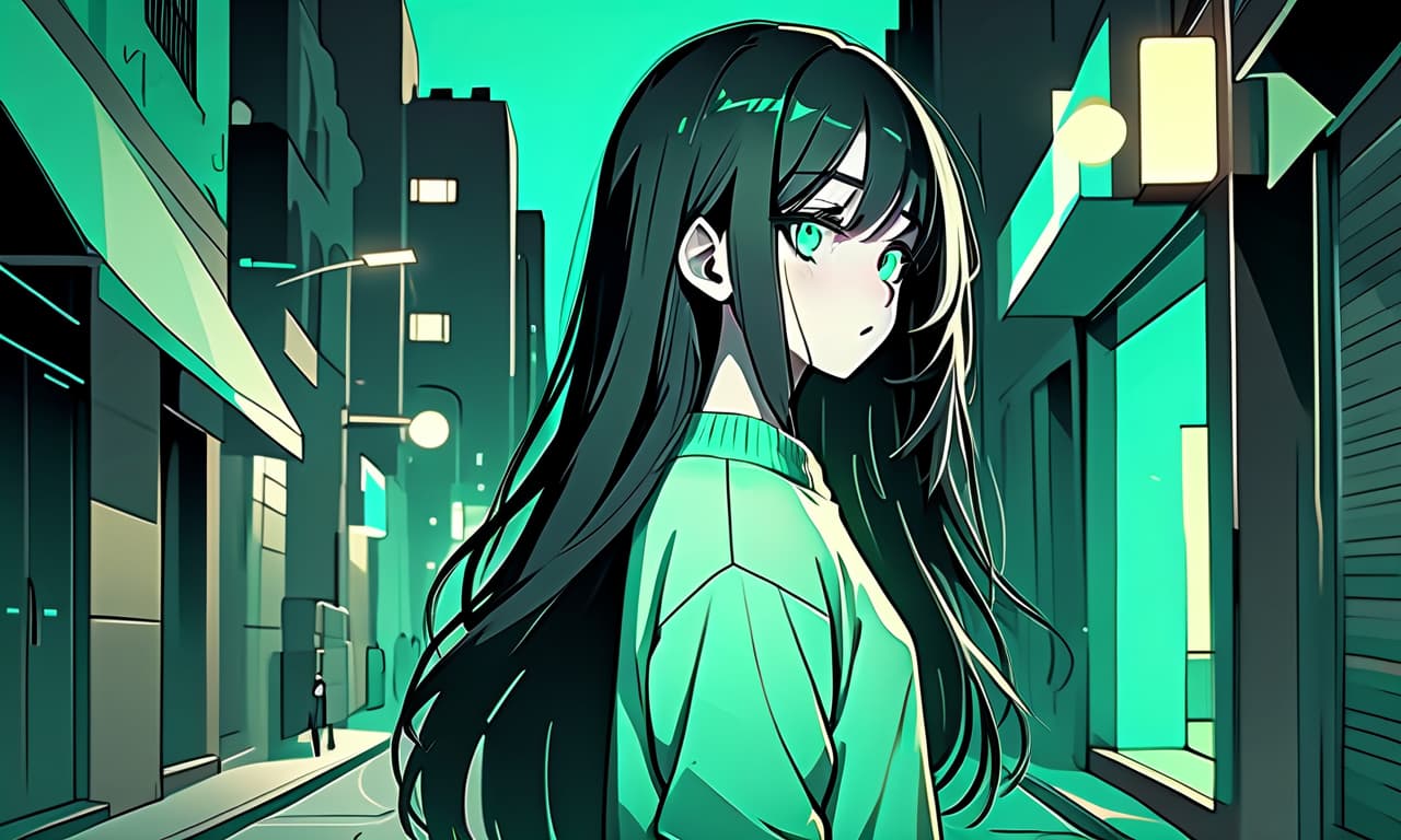  architectural style a girl in anime style with long black hair stands on an empty and night street dressed in a sweater of warm pastel green color and pants. the girl looks into the darkness with black lower eyelids under the eyes full of fear of the unknown and curiosity, and the bright turquoise eyes themselves stand out against the background of everything. the image uses warm and bed tones . clean lines, geometric shapes, minimalist, modern, architectural drawing, highly detailed