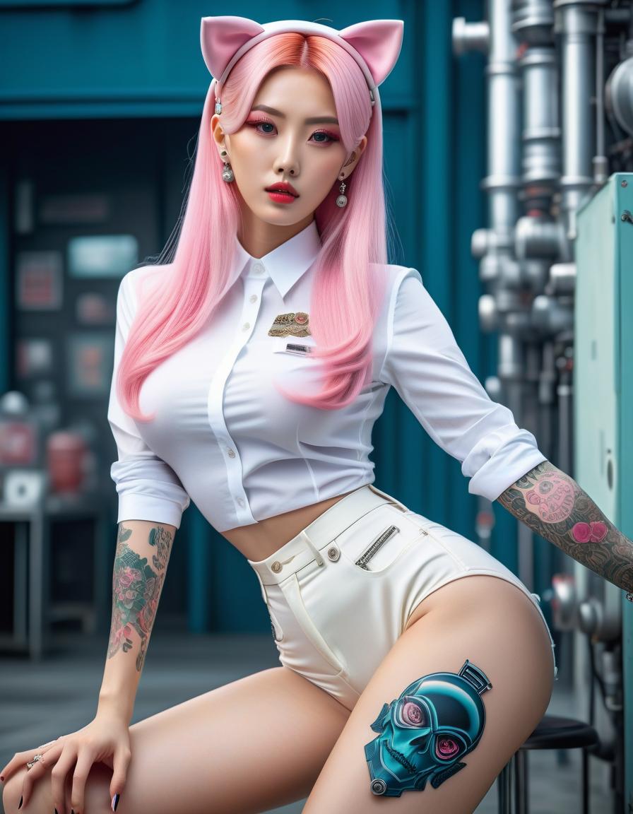  retro futuristic informal korean young , full body, white skin, perfect skin, распущенные волосы,long white hair, pink hair, delicate face, full body, slender legs, high heeled ylons, leg tattoos, round heads, cat ears on her head, build, delicate facial features, tattoo on her face, a lot of piercings on her face, , close , gloss close , tattoos on her arms, tattoos on her , piercing, informal style,show together with the legs , extreme detailing, 8k, realistic, hyperrealisme, masterpiece, digital photo, . vintage sci fi, 50s and 60s style, atomic age, vint, highly detailed, perfecteyes hyperrealistic, full body, detailed clothing, highly detailed, cinematic lighting, stunningly beautiful, intricate, sharp focus, f/1. 8, 85mm, (centered image composition), (professionally color graded), ((bright soft diffused light)), volumetric fog, trending on instagram, trending on tumblr, HDR 4K, 8K