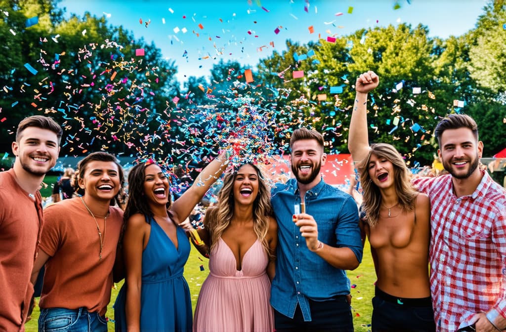  professional detailed photography, group of friends having fun at summer party throwing confetti in the air, young multiracial hipsters having fun on weekend outdoors ar 3:2, (muted colors, dim colors, soothing tones), (vsco:0.3)