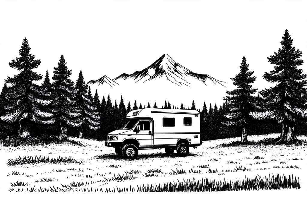  contour, very simple image in one unbroken black ink line, single line of camping truck parked in forest among trees, mountains in background, engraving black and white illustration on white background ar 3:2 using a single continuous black line ink brushon white background, drawing should be created without lifting the pen, recognizable features of camping truck parked in forest among trees, mountains in background, engraving black and white illustration on white background ar 3:2 in one unbroken line