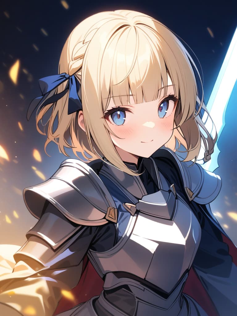  ultra detailed:1.2,masterpiece:1.2,best quality,masterpiece,bestquality,hdr:1.1,8k:1.1,very cute girl:1.3,(silver armor dress,blue dress:1.3)((blond short hair,chignon:1.4)),(braided side hair,blunt bangs:1.6),(blue head ribbon:1.1),(blue eyes:1.3),(holding great sword:1.6)dignified expression:1.3,upper body:1.3