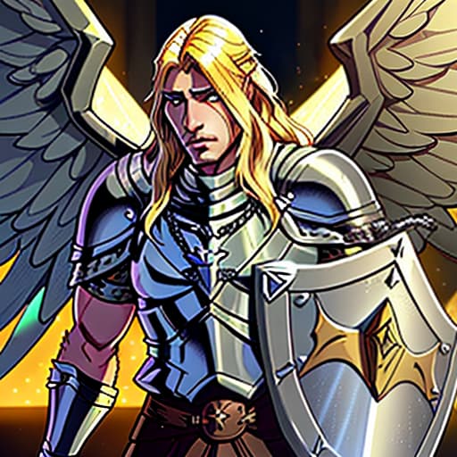  male paladin with blond long hair from dnd in chain mail with wings, sword and shield, in chain mail