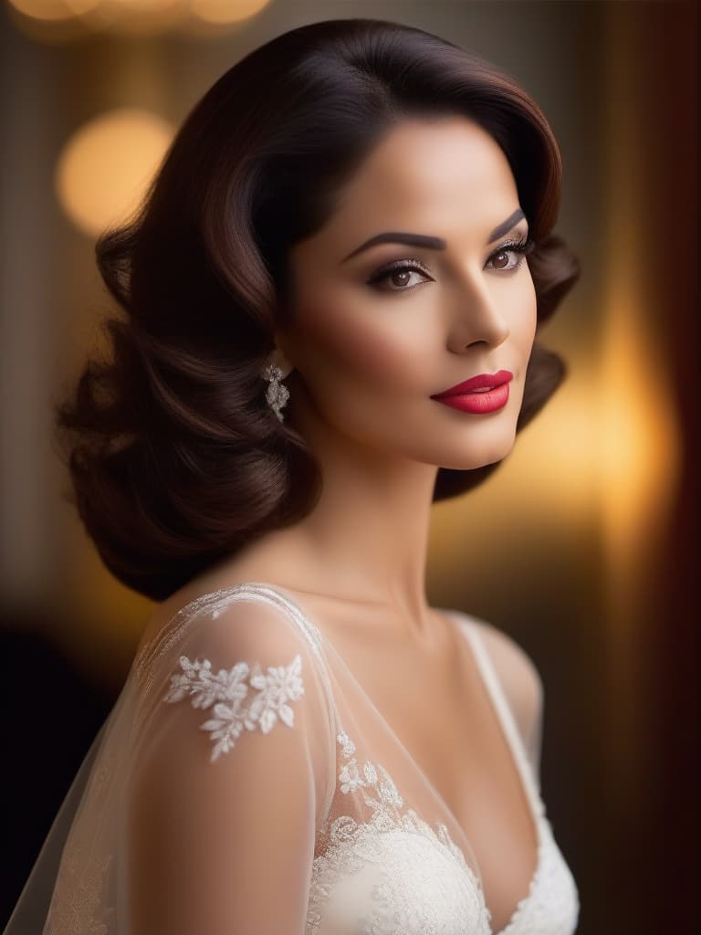  create an image of a striking young woman with clasic mid 20th century beauty. she has brown, shoulder length hair, styled in soft, elegant waves, typical of the 1950s or 1960s glamour. her eyes are a bright, piercing light gray, framed by dark, well defined brows, giving her an intense yet sophisticated gaze. her facial features are sharp and refined, with high cheekbones, a strong jawline, and full lips. she has a tall and athletic figure, standing confidently, with an air of elegance and strength, reflecting her famous roles. dress her her in white lace pantees and small bra. the overall mood should radiate confidence, grace, and a sense of empowerment, capturing her persona as a trailblazing actress known for her elegance and physicalit