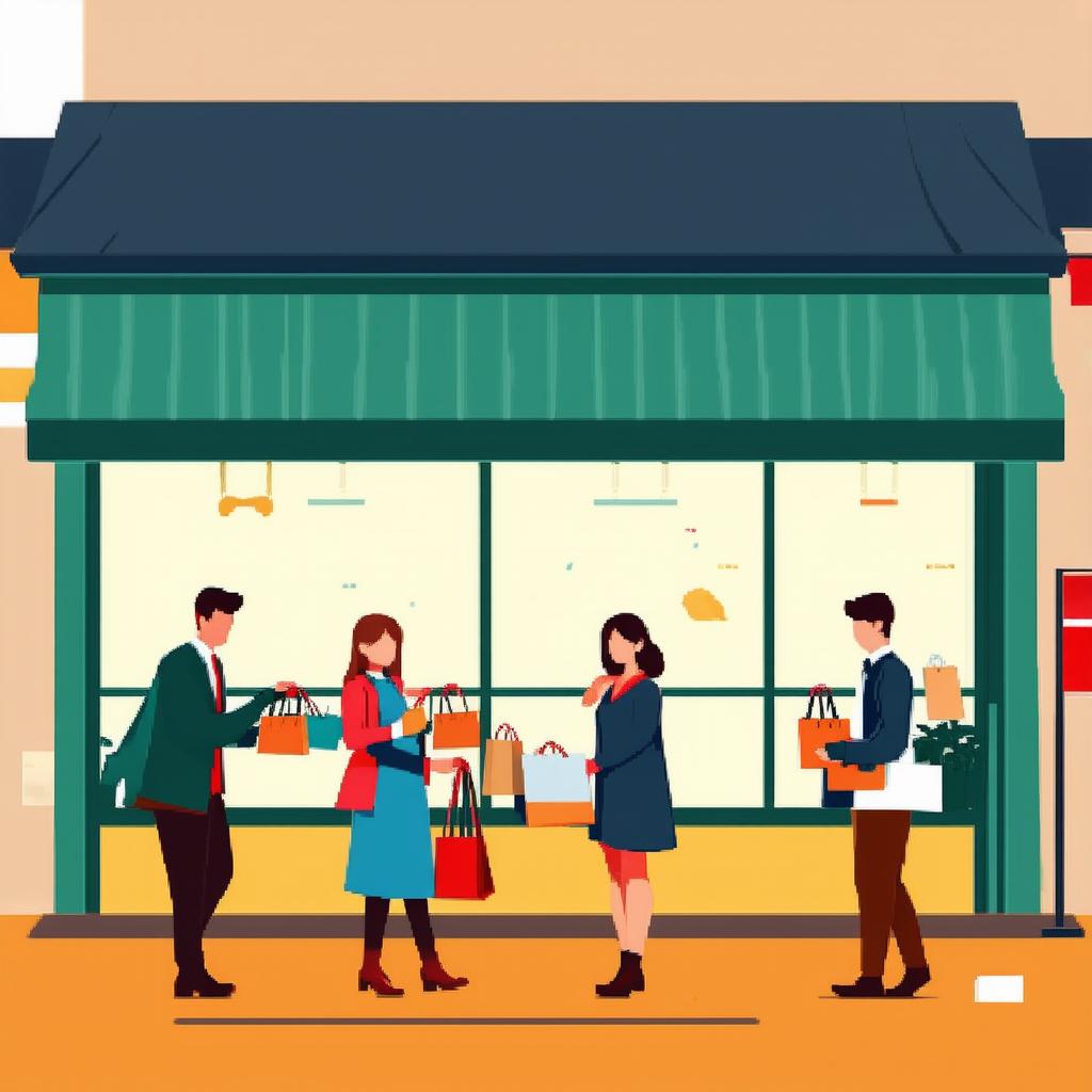  flat illustration, flaticon, (illustration:1.15), illustration of people with purchases. men and women buying things. flat cartoon style., [cory loftis, strobist, pascal campion :: 0.2]