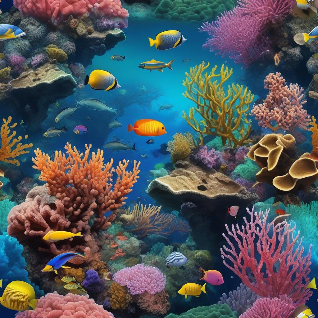  masterpiece, best quality, the beautiful deep sea is full of corals, diverse marine life and charming underwater landscapes, including corals, extremities, small fish, anemones, dolphins, various algae, caves, colorful, 8k resolution and complex details.