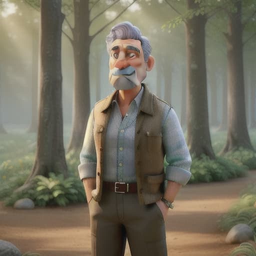  Cartoon image a high-resolution photograph capturing a middle-aged man standing outdoors. The man has short, gray hair and a mustache, and he is wearing a traditional, light beige, long-sleeved shirt with a high collar, paired with a matching, knee-length skirt. His shirt has a subtle, blue and white checkered pattern. In the background, lush green foliage and trees create a natural, verdant setting, with sunlight filtering through the leaves, casting a soft, dappled light on the scene. To the left of the man . The overall atmosphere suggests a rural, agricultural setting. The man's expression is one of pride and satisfaction, as if he is showcasing the fruits of his labor. The photograph is rich in detail , as well as the intricate pattern hyperrealistic, full body, detailed clothing, highly detailed, cinematic lighting, stunningly beautiful, intricate, sharp focus, f/1. 8, 85mm, (centered image composition), (professionally color graded), ((bright soft diffused light)), volumetric fog, trending on instagram, trending on tumblr, HDR 4K, 8K