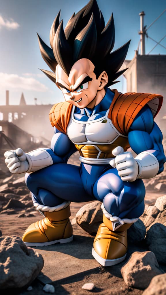  vegeta from dragon ball z smirking over the smoldering remains of dr. gero's lab with android parts scattered anime art hyperrealistic, full body, detailed clothing, highly detailed, cinematic lighting, stunningly beautiful, intricate, sharp focus, f/1. 8, 85mm, (centered image composition), (professionally color graded), ((bright soft diffused light)), volumetric fog, trending on instagram, trending on tumblr, HDR 4K, 8K