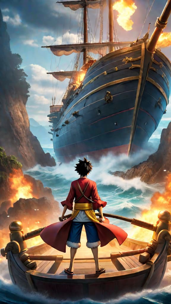  anime art: luffy's crew on a powerful warship, missing the going merry's charm. hyperrealistic, full body, detailed clothing, highly detailed, cinematic lighting, stunningly beautiful, intricate, sharp focus, f/1. 8, 85mm, (centered image composition), (professionally color graded), ((bright soft diffused light)), volumetric fog, trending on instagram, trending on tumblr, HDR 4K, 8K