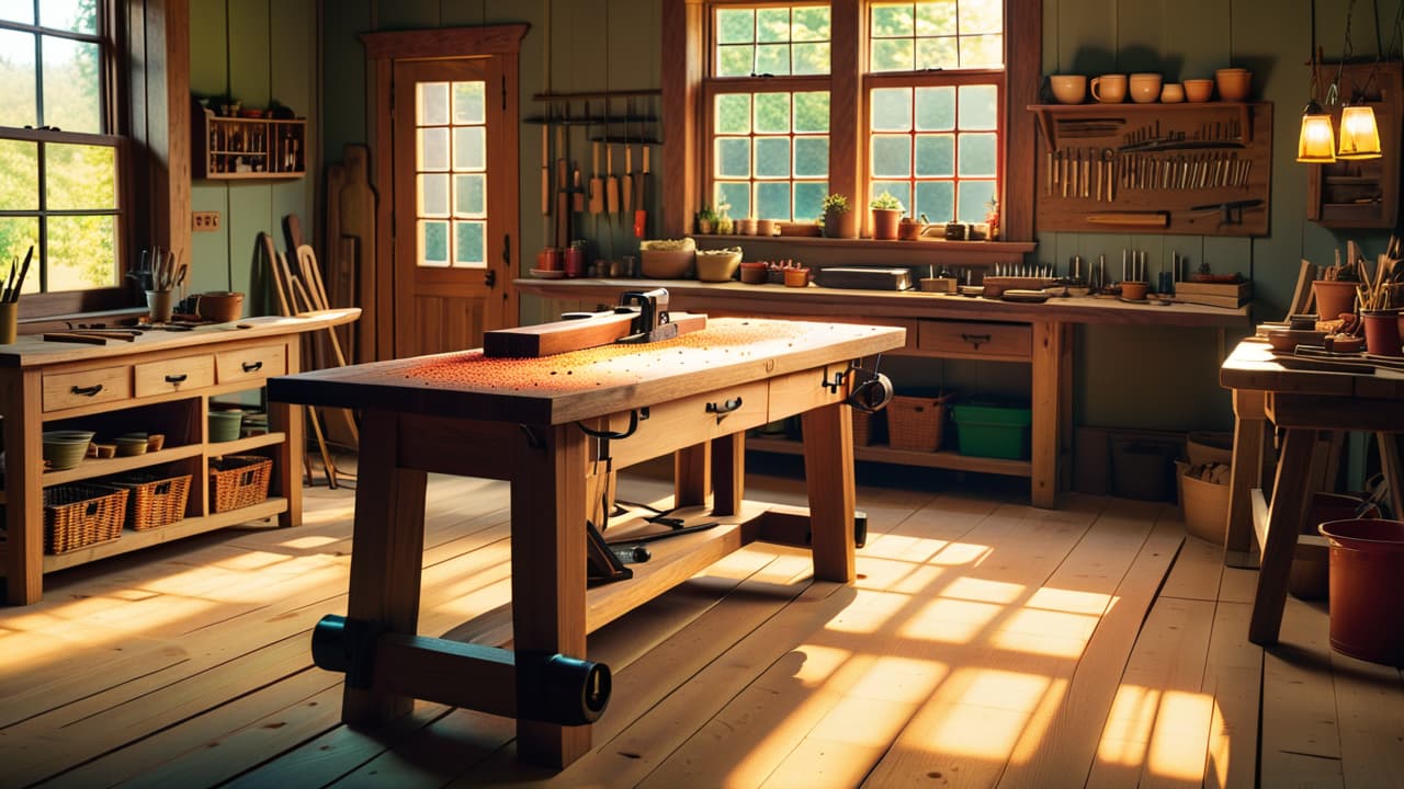  a serene woodworking workshop, featuring a wooden workbench with tools like chisels and a saw, surrounded by neatly stacked lumber, shavings on the floor, and a warm glow from sunlight streaming through a window. hyperrealistic, full body, detailed clothing, highly detailed, cinematic lighting, stunningly beautiful, intricate, sharp focus, f/1. 8, 85mm, (centered image composition), (professionally color graded), ((bright soft diffused light)), volumetric fog, trending on instagram, trending on tumblr, HDR 4K, 8K