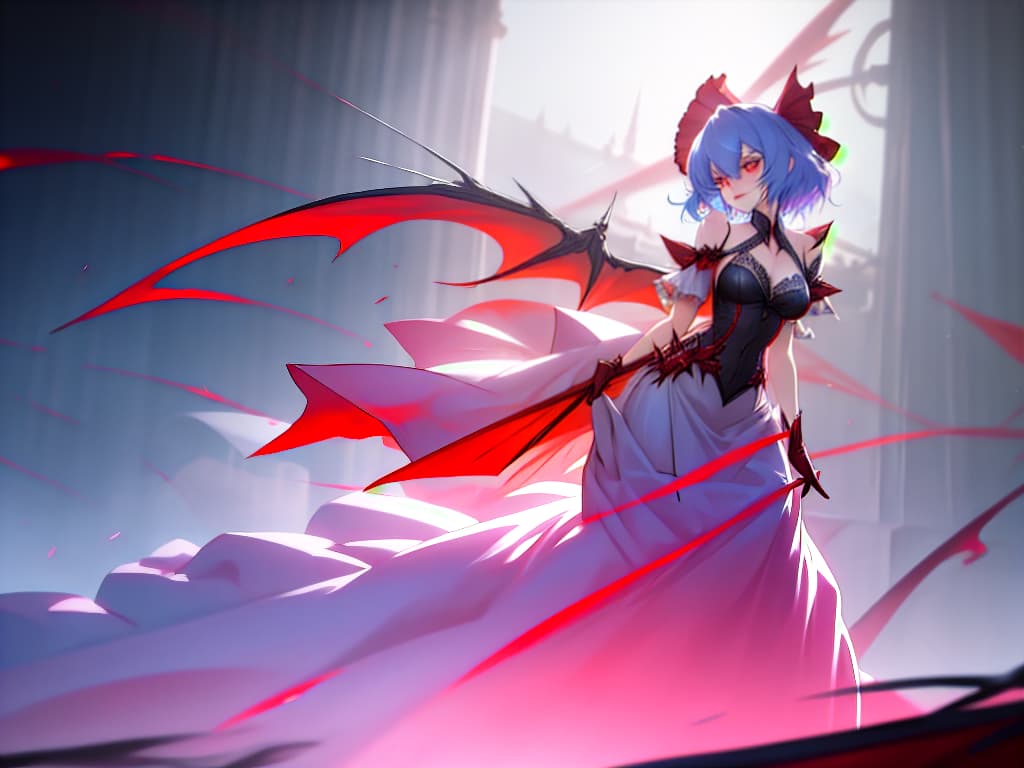  remilia scarlet hyperrealistic, full body, detailed clothing, highly detailed, cinematic lighting, stunningly beautiful, intricate, sharp focus, f/1. 8, 85mm, (centered image composition), (professionally color graded), ((bright soft diffused light)), volumetric fog, trending on instagram, trending on tumblr, HDR 4K, 8K