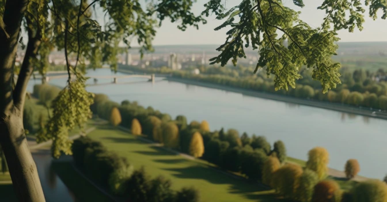  cinematic photo realistic landscape, metropolis in the distance, left and right linden trees, sunny day, view from above, park, lake reflects trees, cinematic . 35mm photograph, film, bokeh, professional, 4k, highly detailed