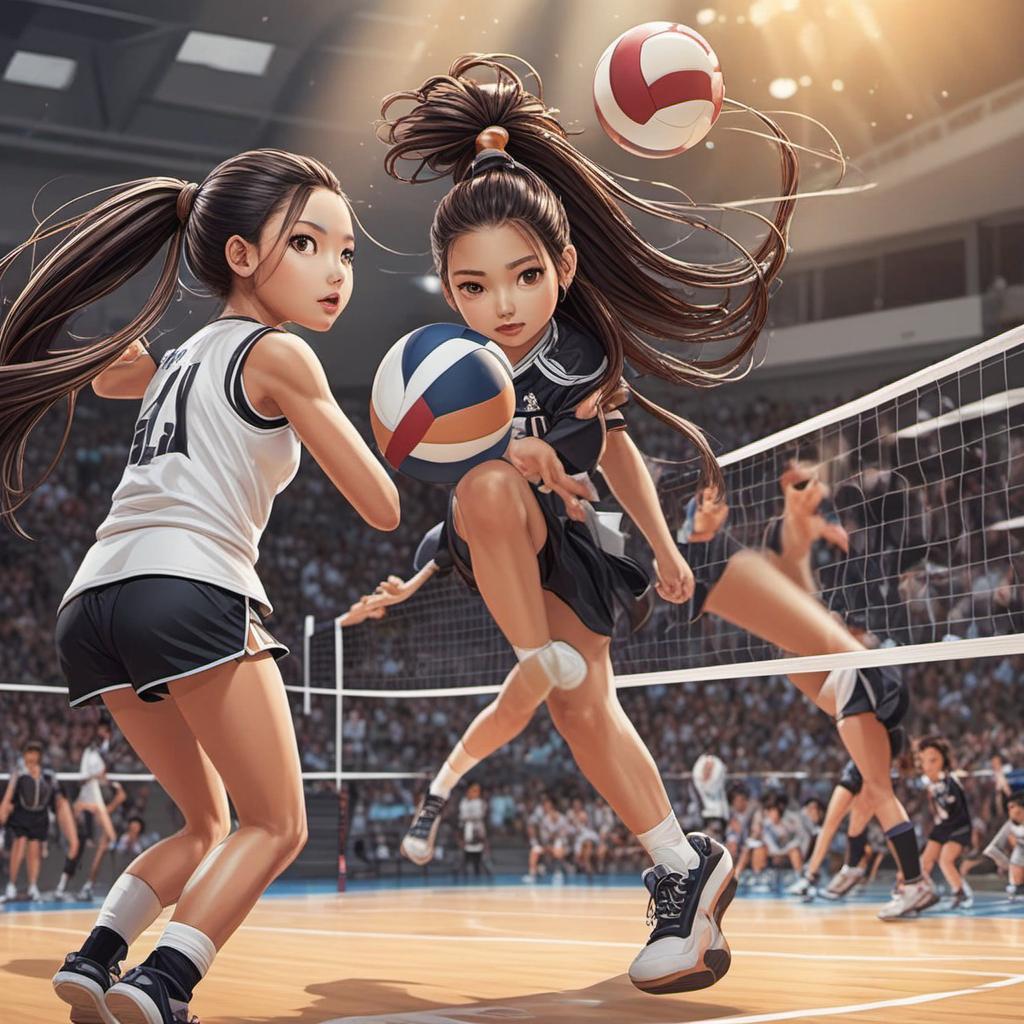  create two cartoon book characters playing volleyball. one is black with long braids. the other is white with long ponytail. brown hair. brown eyes , comic style, manga and manhwa style, painting style