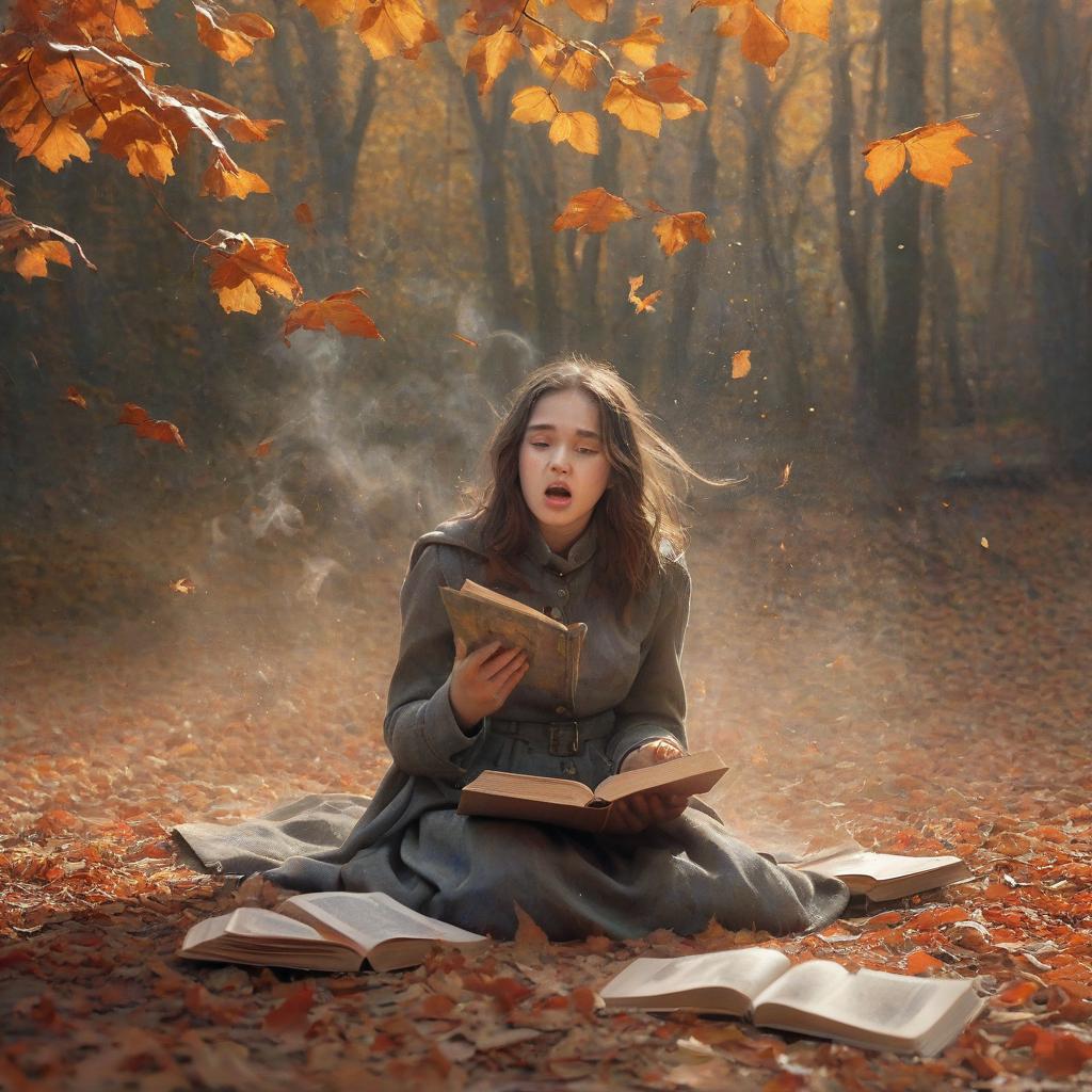  concept art the girl who blows on a dusty book, among the autumn leaves . digital artwork, illustrative, painterly, matte painting, highly detailed, film photography style