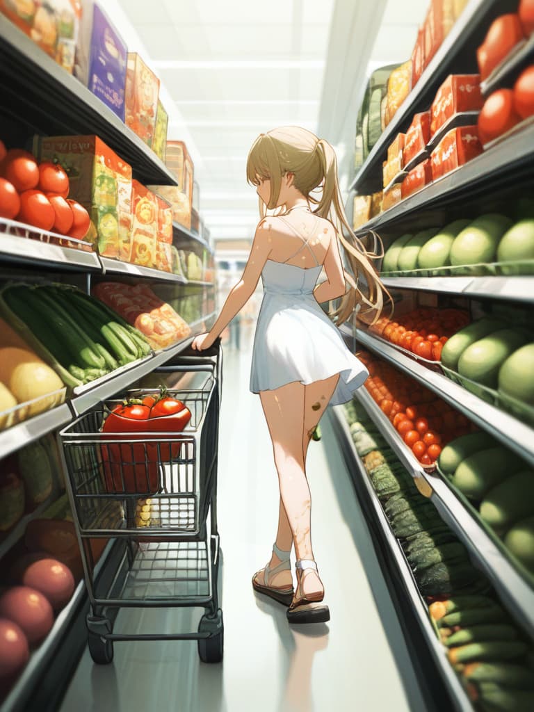  with tomatoes, blonde ponytails, white headphones, snakes on the legs, whole body, walking figure, girls on their arms, girls wearing white dresses, shopping carts, pressing shopping carts, gestures, shopping carts. is contained eggplant and celery, a small wing tattoo on the back, a snake tattoo on the thigh, a snake tattoo on the thigh, a thick bottom sandals., masterpiece, best quality,8k,ultra detailed,high resolution,an extremely delicate and beautiful,hyper detail