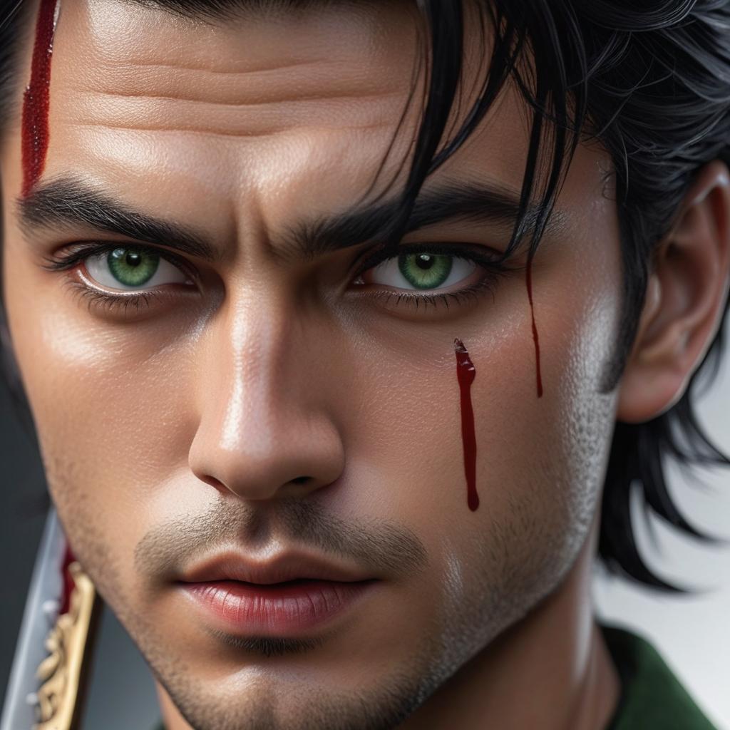  1 boy with long black hair and green eyes that can pierce someone’s soul is wearing a warrior custome has he’s covered in blood and feels like he’s not syringe enough, highly realized face and eyes, muscular body, tall, angry, sad, and disappointed at the same time, carrying a long yet heavy sword covered in blood, cut and scratches, bruises on hand and face, handsome yet a rough face photo realistic, highly intricate and detailed, masterpiece, ultra high res,photography,8k resolution