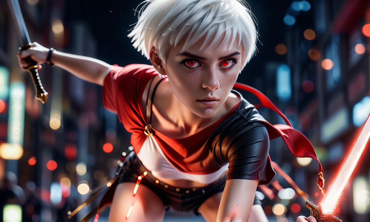  cinematic photo , behind a sword, short haircut, white hair, big , red top, short black shorts. . 35mm photograph, film, bokeh, professional, 4k, highly detailed, perfecteyes, glowneon