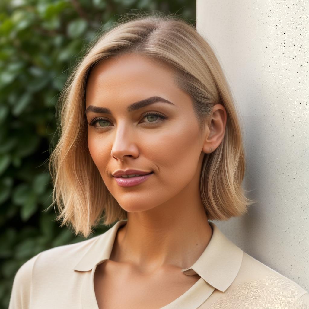  (((realistic full torso frontal head shot of a light beige to medium tan skin tone woman))), alice elena lange, ((caucasian heritage)), immature face, hazel eye color, ((ids hair style)), ((blonde hair color)), (( body type)), flat size, small size, (immature straight slender nose), (immature angular jawline), (immature medium lips), (immature prominent forehead), (immature perfect symmetry), (immature thin eyebrows), (immature pointed chin), standing straight looking directly into the camera,((wearing fitted polo shirt with deep v neck and monogrammed pocket)), backyard in background, 1, best quality, highest quality, award winning photo, masterpiece, raw, professional photography, photorealism, sharp focus, c hyperrealistic, full body, detailed clothing, highly detailed, cinematic lighting, stunningly beautiful, intricate, sharp focus, f/1. 8, 85mm, (centered image composition), (professionally color graded), ((bright soft diffused light)), volumetric fog, trending on instagram, trending on tumblr, HDR 4K, 8K