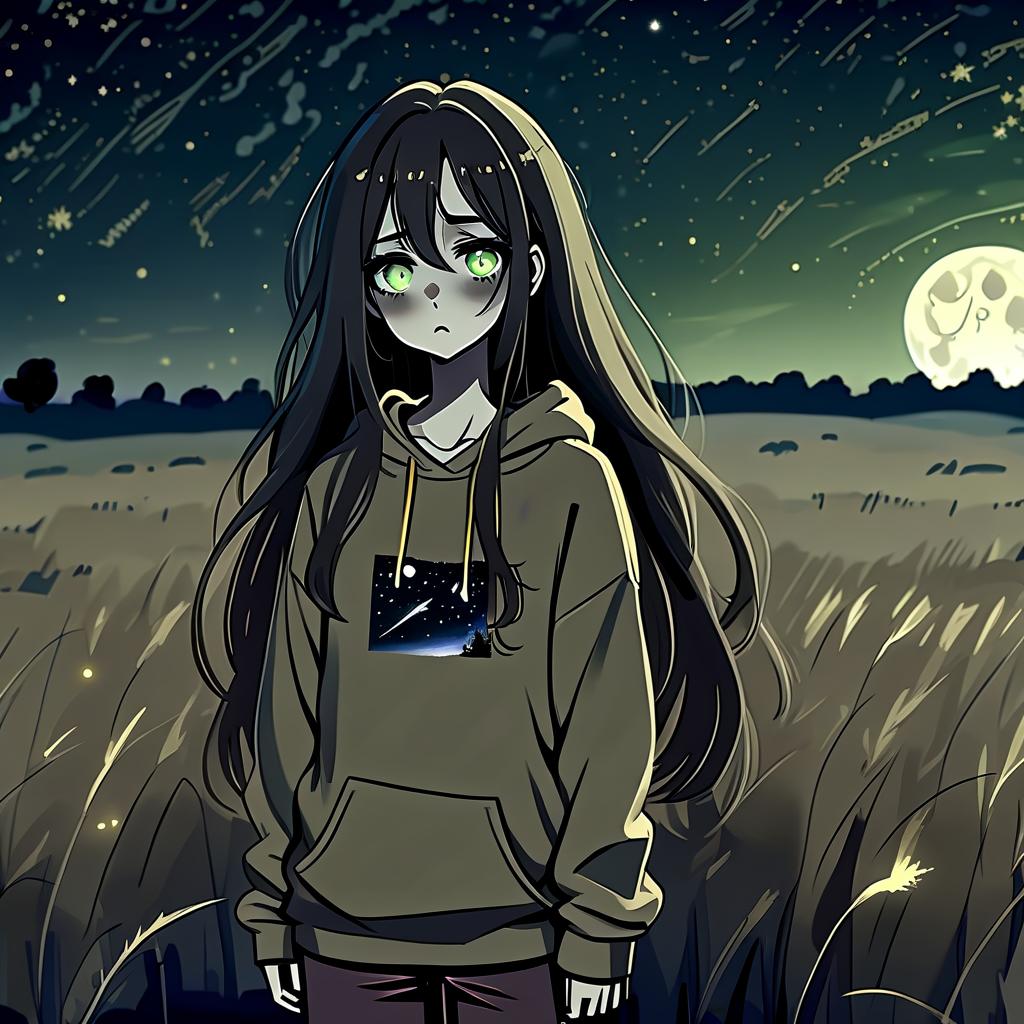  dystopian style a girl in anime style with long dark hair stands in the middle of the field at night dressed in a khaki colored sweatshirt and pants. the girl looks at the starry sky at night with black lower eyelids under the eyes of a specific color full of fear of the unknown and curiosity. she pulls her hand up towards the night sky. . bleak, post apocalyptic, somber, dramatic, highly detailed