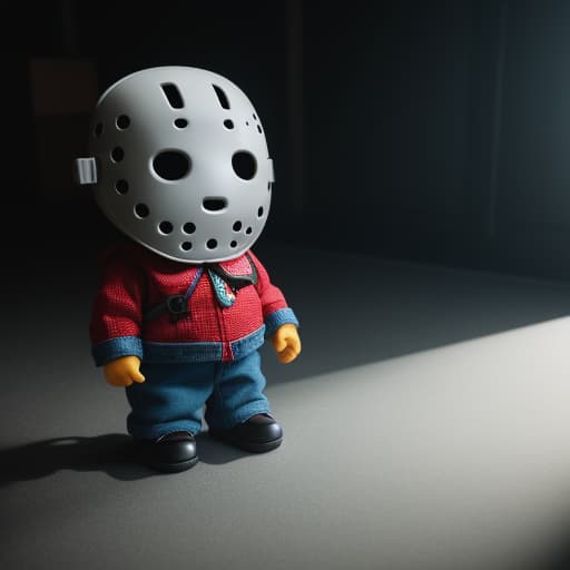   sized Jason Voorhees figure holding a doll who is also dressed like Jason Voorhees , ultra detailed, hyper focus, high res, unreal engine, masterpiece, horror theme, background s crib, , hyperrealistic, high quality, highly detailed, cinematic lighting, intricate, sharp focus, f/1. 8, 85mm, (centered image composition), (professionally color graded), ((bright soft diffused light)), volumetric fog, trending on instagram, HDR 4K, 8K