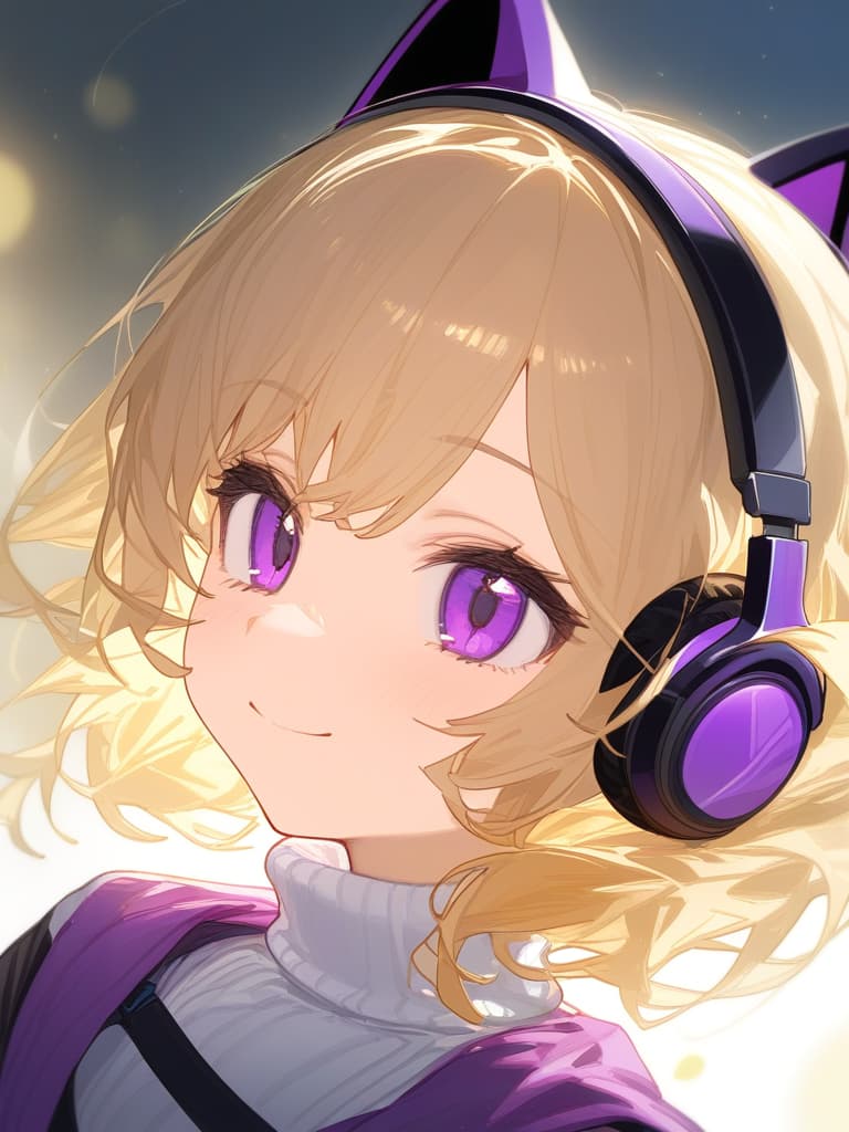  (cat ear headphones: 1.2), masterpiece, (purple eyes: 1.3), (close up: 1.2), looking up, double eyelids, medium hair, (beige hair: 1. 2), smile, (orange overside jacket: 1.2), white turtleneck, triangle hair pin the three,