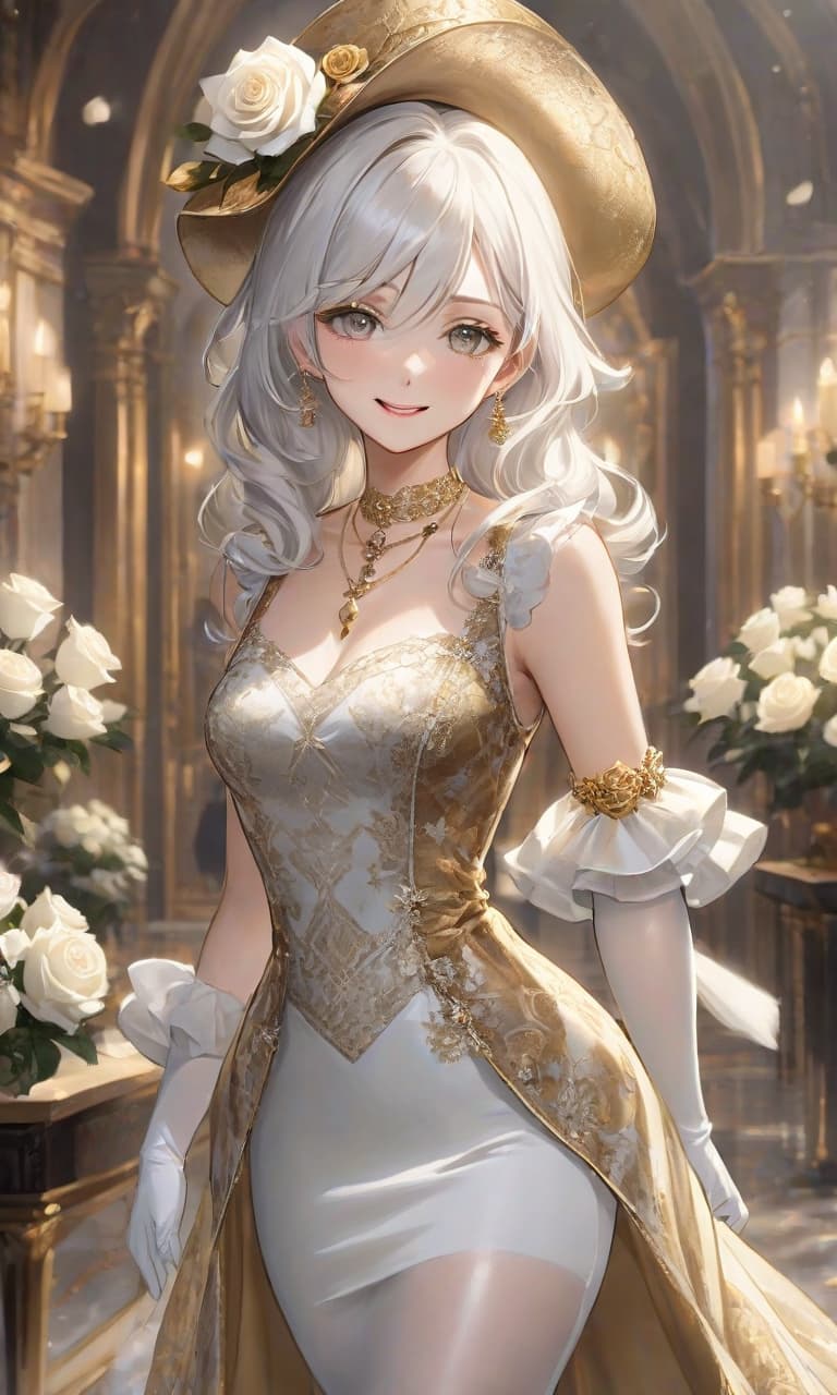  the girl is beautiful in a gold tight transparent dress with patterns, white tights, white gloves, a gold necklace with white stones, a golden hat with white roses. elegant aristocrat, realistic body, realistic clothes, thin waist, large chest, slim body, smile, white hair.