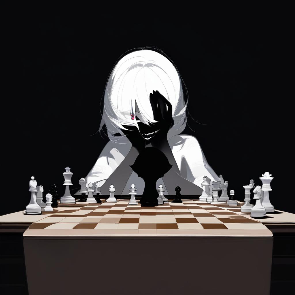  white hair anime woman with shadows hiding face, sitting in front of a table with a chess set on it,an evil smile on her face and only 1 eye is visible . best quality, high resolution